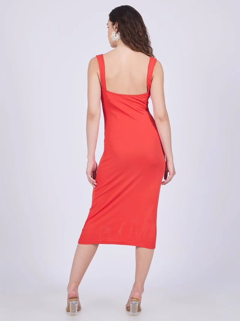 Outzidr red Red Square Neck Cut Out Dress for Women | Best Price UAE
